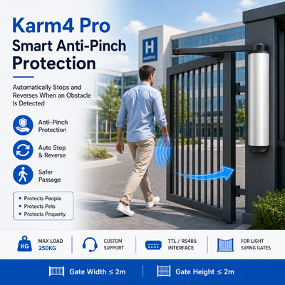 Karm4 Pro 24V Articulated Arm Swing Gate Opener 250KG with Access Control and Anti-Pinch Protection
