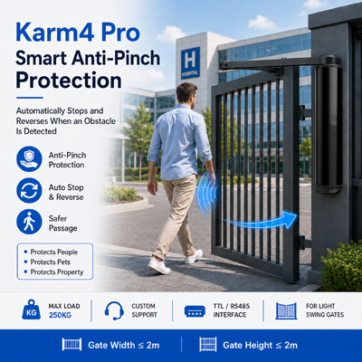 Karm4 Pro 24V Articulated Arm Swing Gate Opener 250KG Access Control Anti Pinch Protection